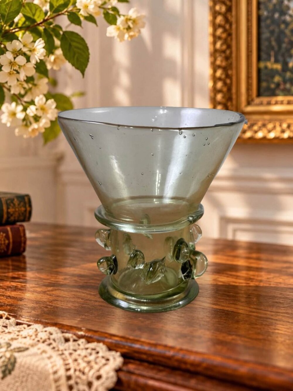 Pair Green Berkemeyer Style Glass Goblets, Hand Worked Prunted Glass, European R - Picture 3 of 4